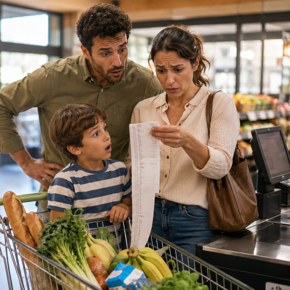 Una famiglia fa la spesa al supermercato con il carrello pieno di frutta e verdura